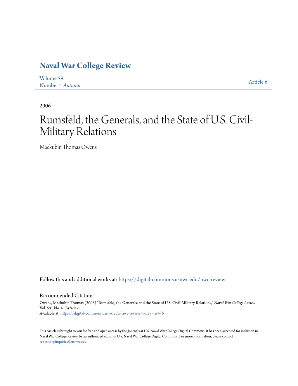 Rumsfeld, the Generals, and the State of U.S. Civil-Military Relations,