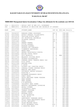 KALOJI NARAYANA RAO UNIVERSITY of HEALTH SCIENCES,TELANGANA WARANGAL-506 007 MBBS/BDS Management Quota Second Phase College Wise