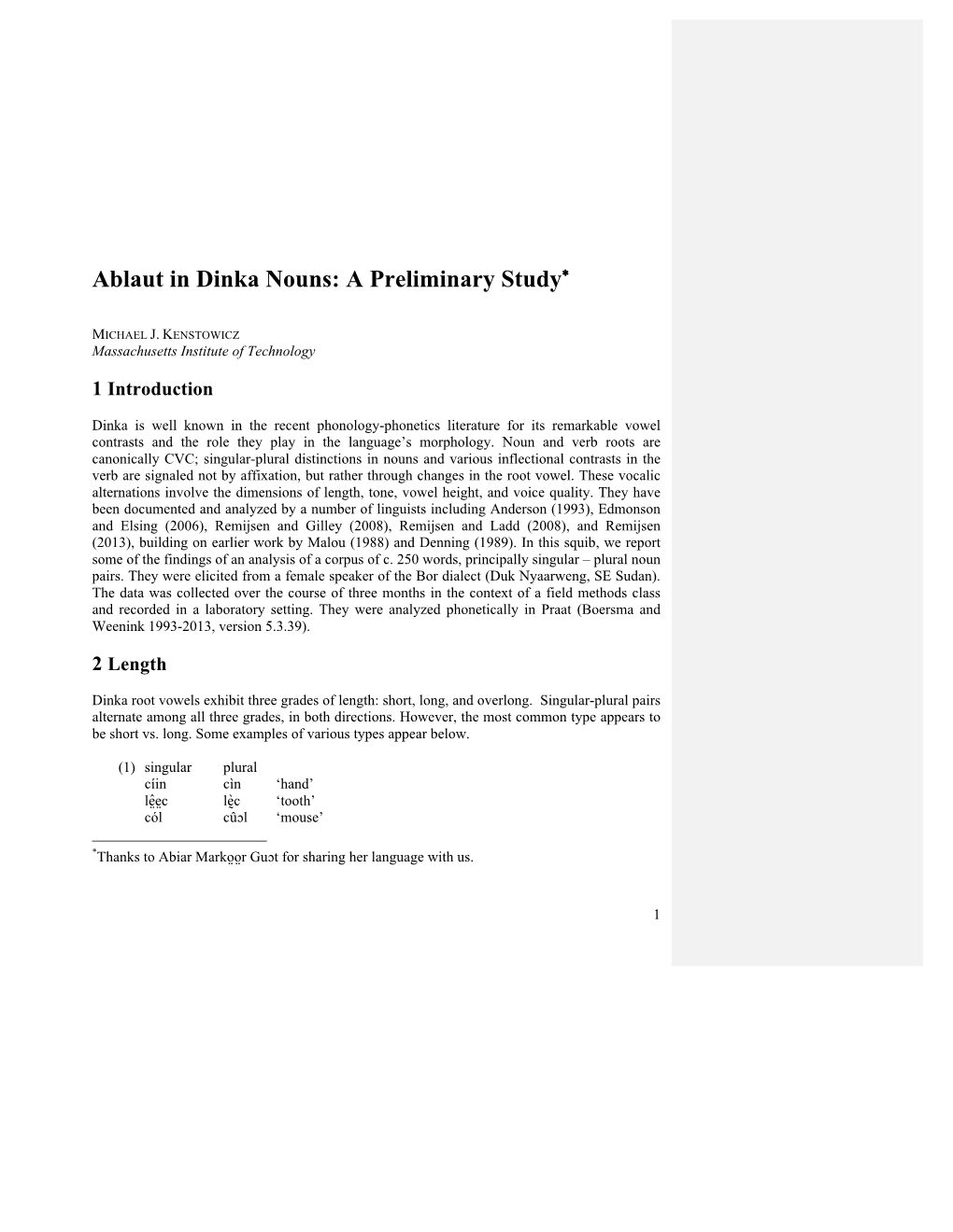 Ablaut in Dinka Nouns: a Preliminary Study∗