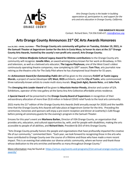 Arts Orange County Announces 21St OC Arts Awards Honorees