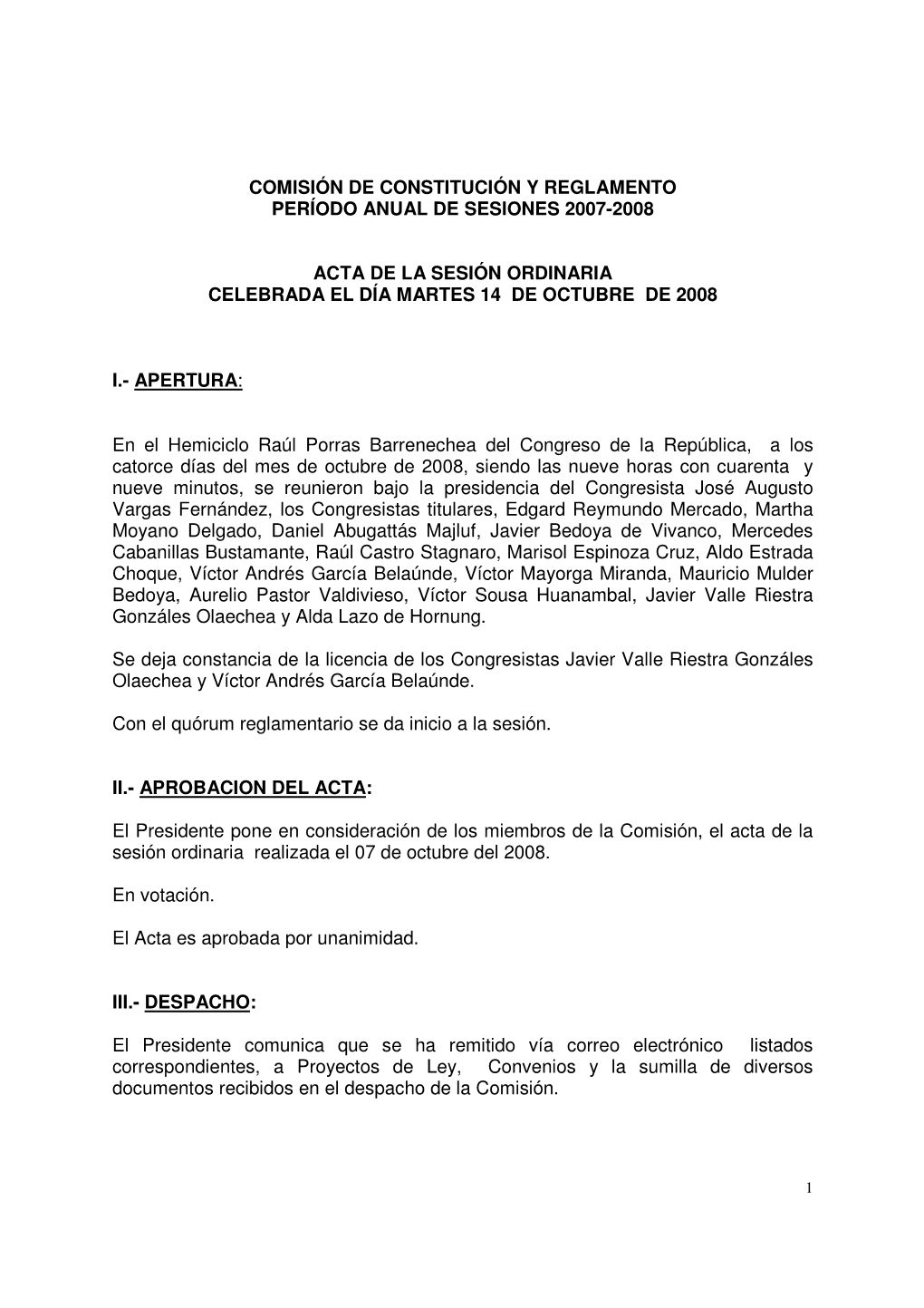 Comisión De Constitución Y Reglamento Período Anual De Sesiones 2007-2008 Acta De La Sesión Ordinaria Celebrada El Día Mart