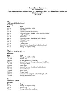 Hermon School Department Bus Routes Guide Times Are Approximate and Can Change by a Few Minutes Either Way