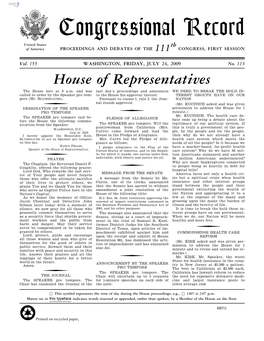 Congressional Record United States Th of America PROCEEDINGS and DEBATES of the 111 CONGRESS, FIRST SESSION