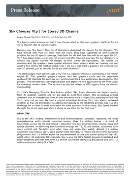 Sky Chooses Vizrt for Stereo 3D Channel