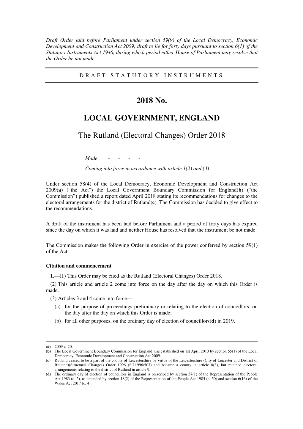 The Rutland (Electoral Changes) Order 2018
