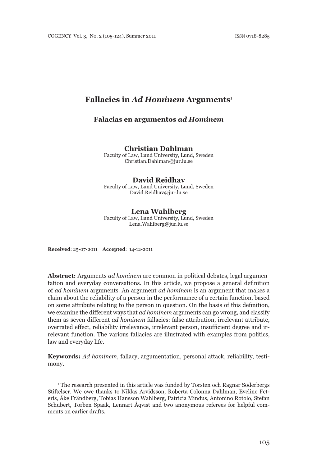 Fallacies in Ad Hominem Arguments1