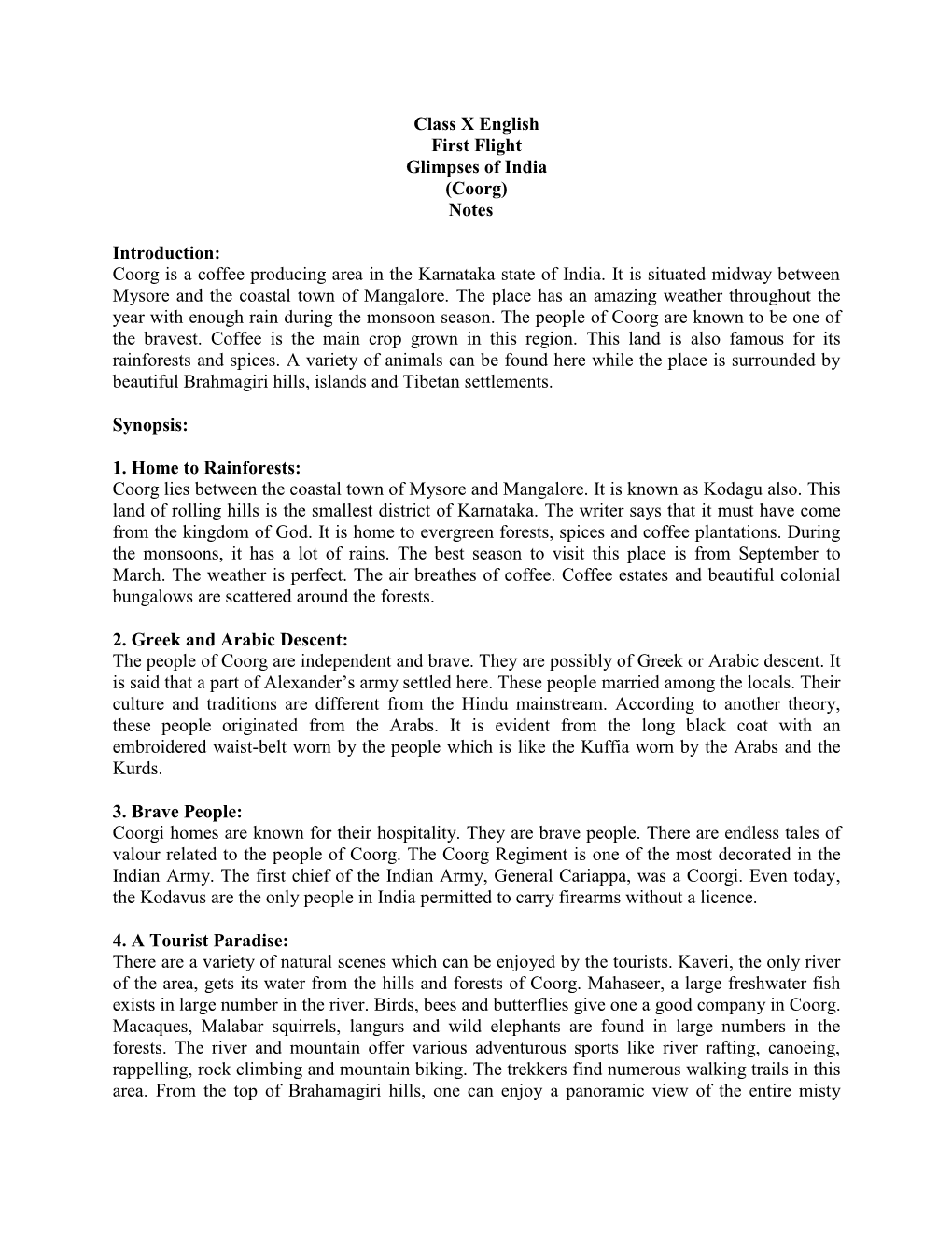 Class X English First Flight Glimpses of India (Coorg) Notes Introduction