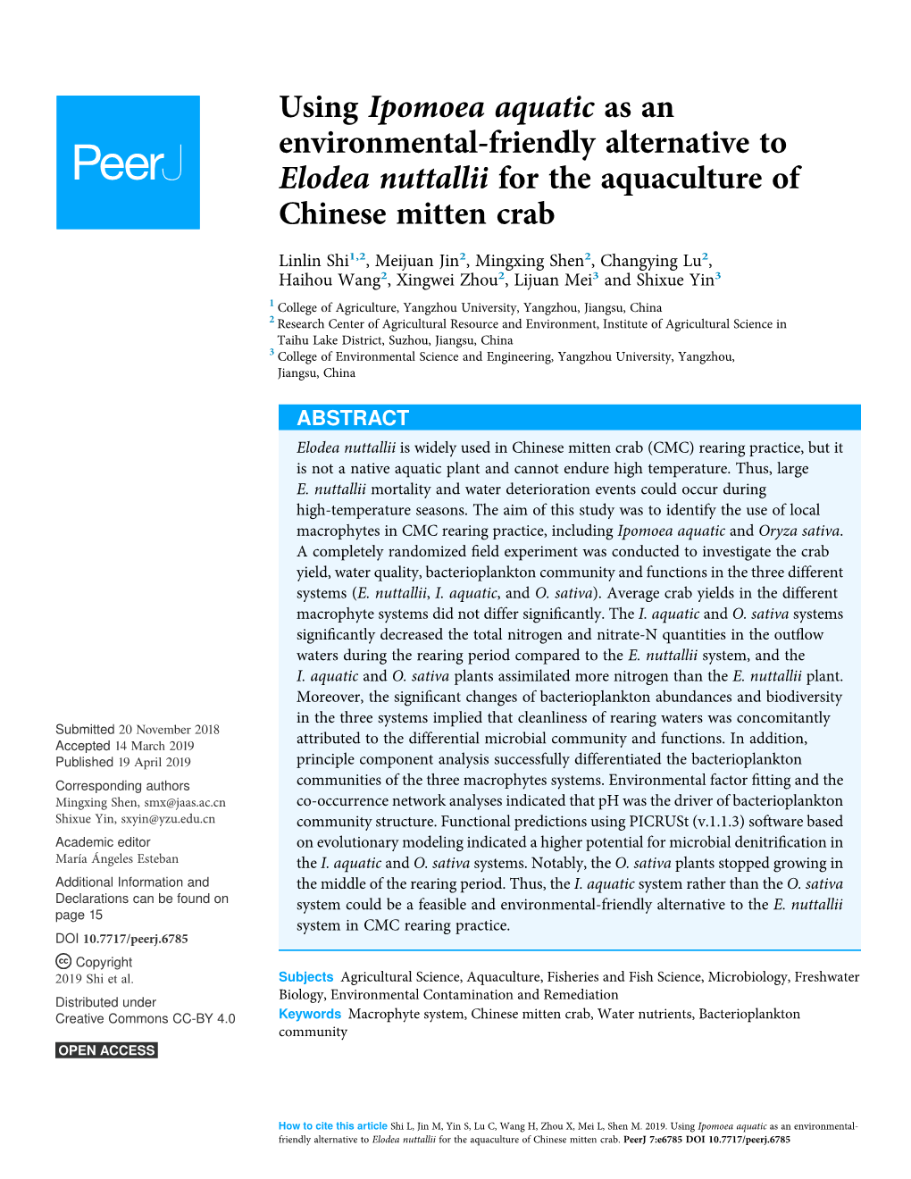 Using Ipomoea Aquatic As an Environmental-Friendly Alternative to Elodea Nuttallii for the Aquaculture of Chinese Mitten Crab