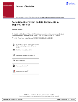 Socialist Antisemitism and Its Discontents in England, 1884–98