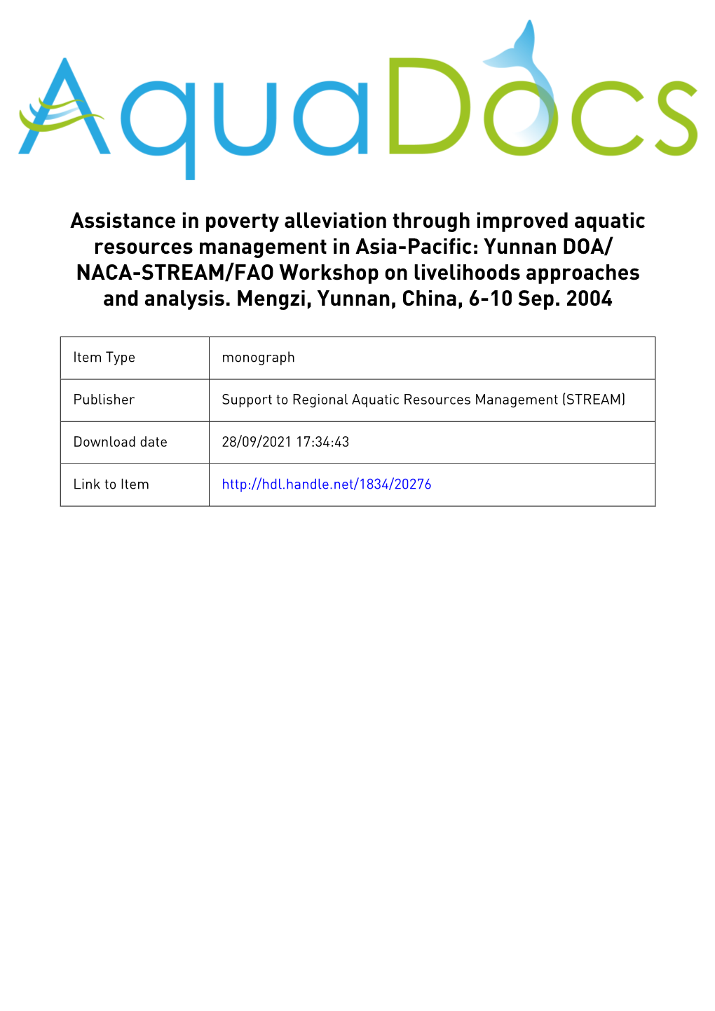 Yunnan DOA/NACA-STREAM/FAO Workshop on Livelihoods Approaches and Analysis