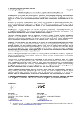Hong Kong Govt Ivory Sales Ban NGO Signon Letter 14