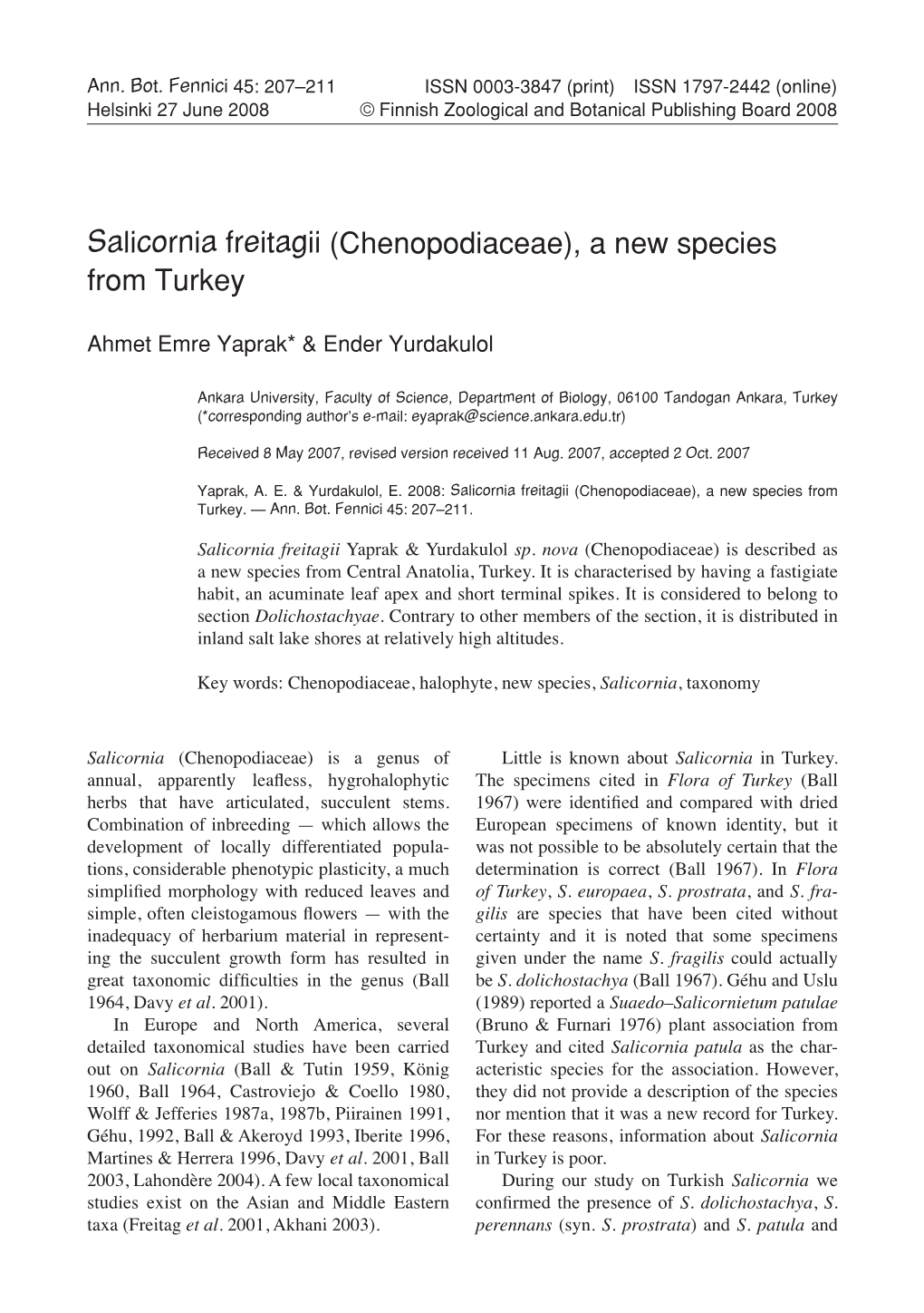 Salicornia Freitagii (Chenopodiaceae), a New Species from Turkey