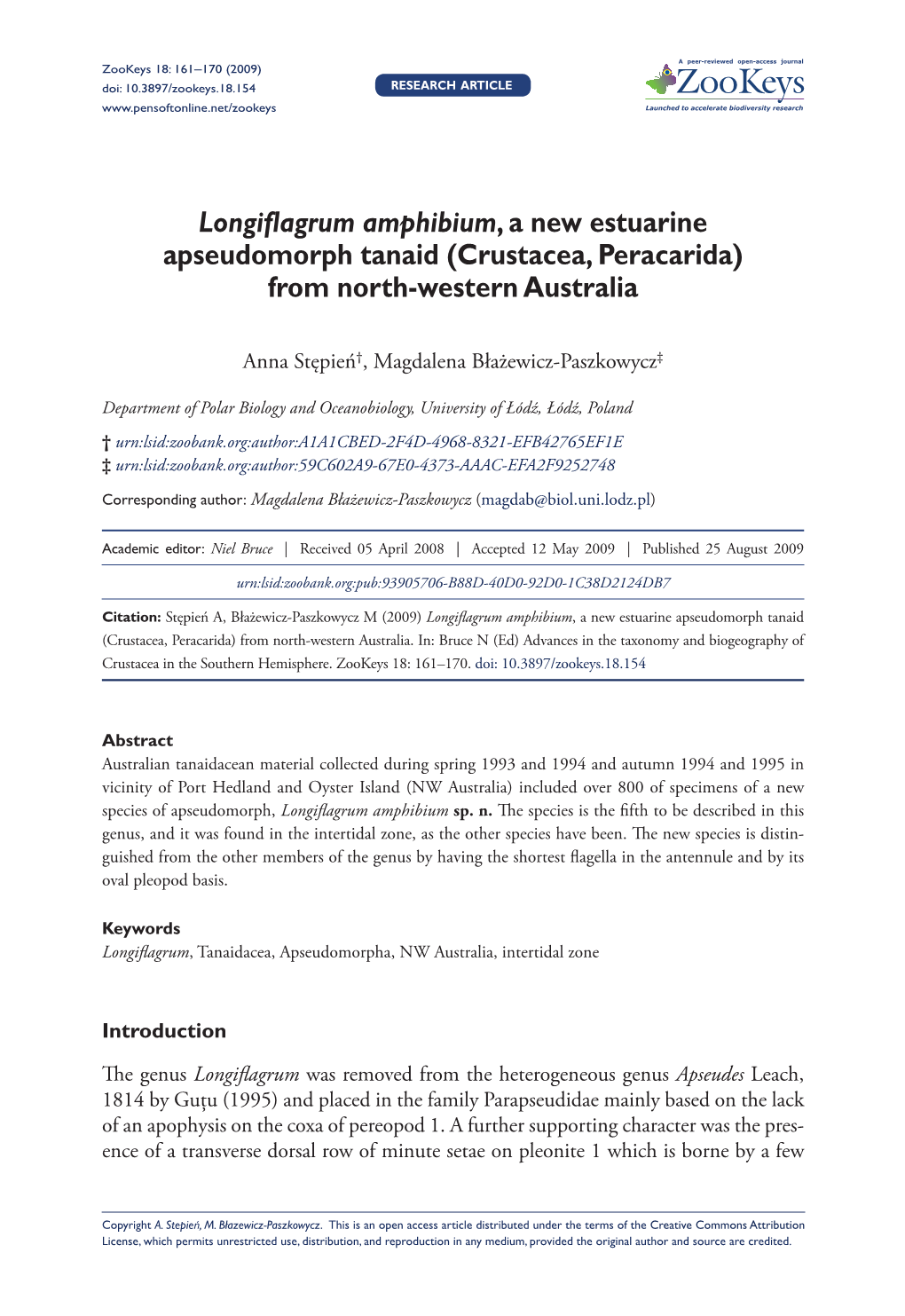 Longiflagrum Amphibium, a New Estuarine Apseudomorph Tanaid (Crustacea, Peracarida) from North-Western Australia