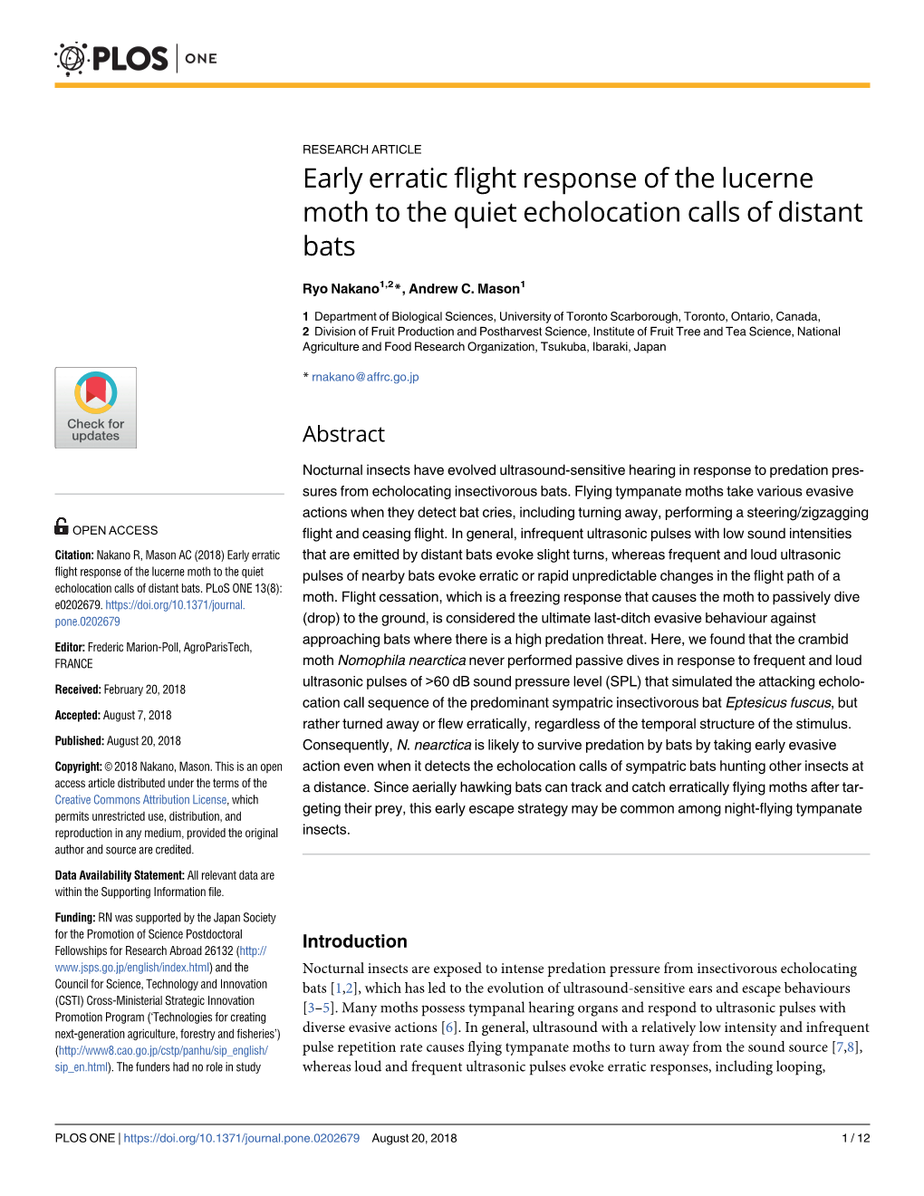 Early Erratic Flight Response of the Lucerne Moth to the Quiet Echolocation Calls of Distant Bats