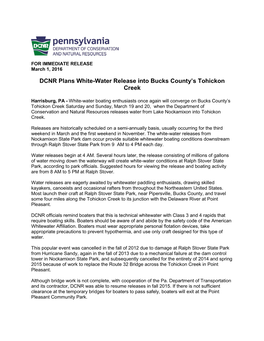 DCNR Plans White-Water Release Into Bucks County's Tohickon