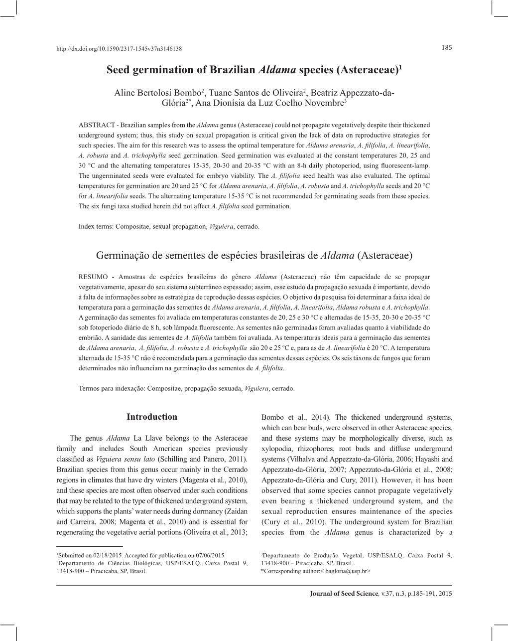 Seed Germination of Brazilian Aldama Species (Asteraceae)1