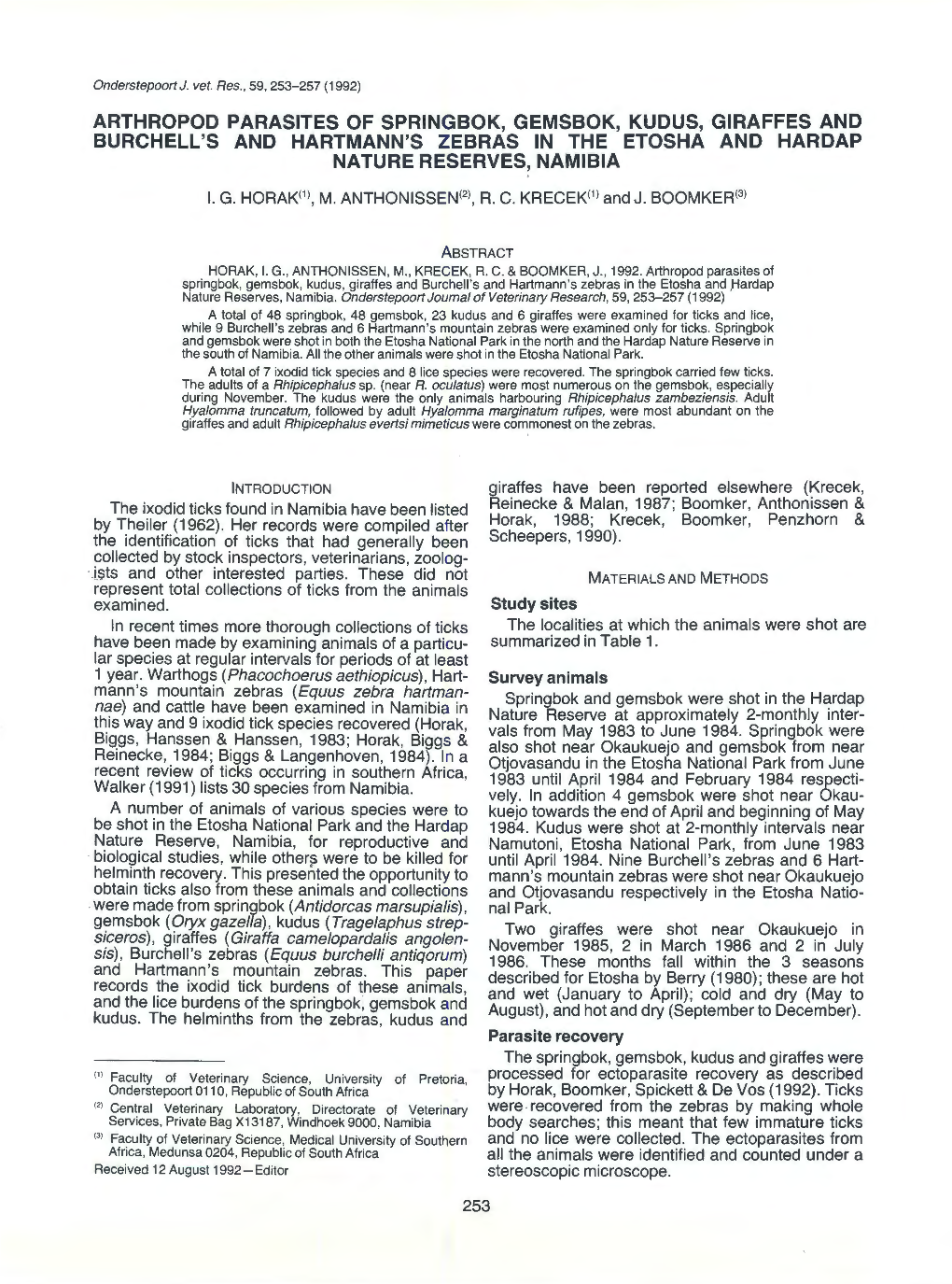 Arthropod Parasites of Springbok, Gemsbok, Kudus, Giraffes and Burchell's and Hartmann's Zebras in the Etosha and Hardap Nature Reserves, Namibia