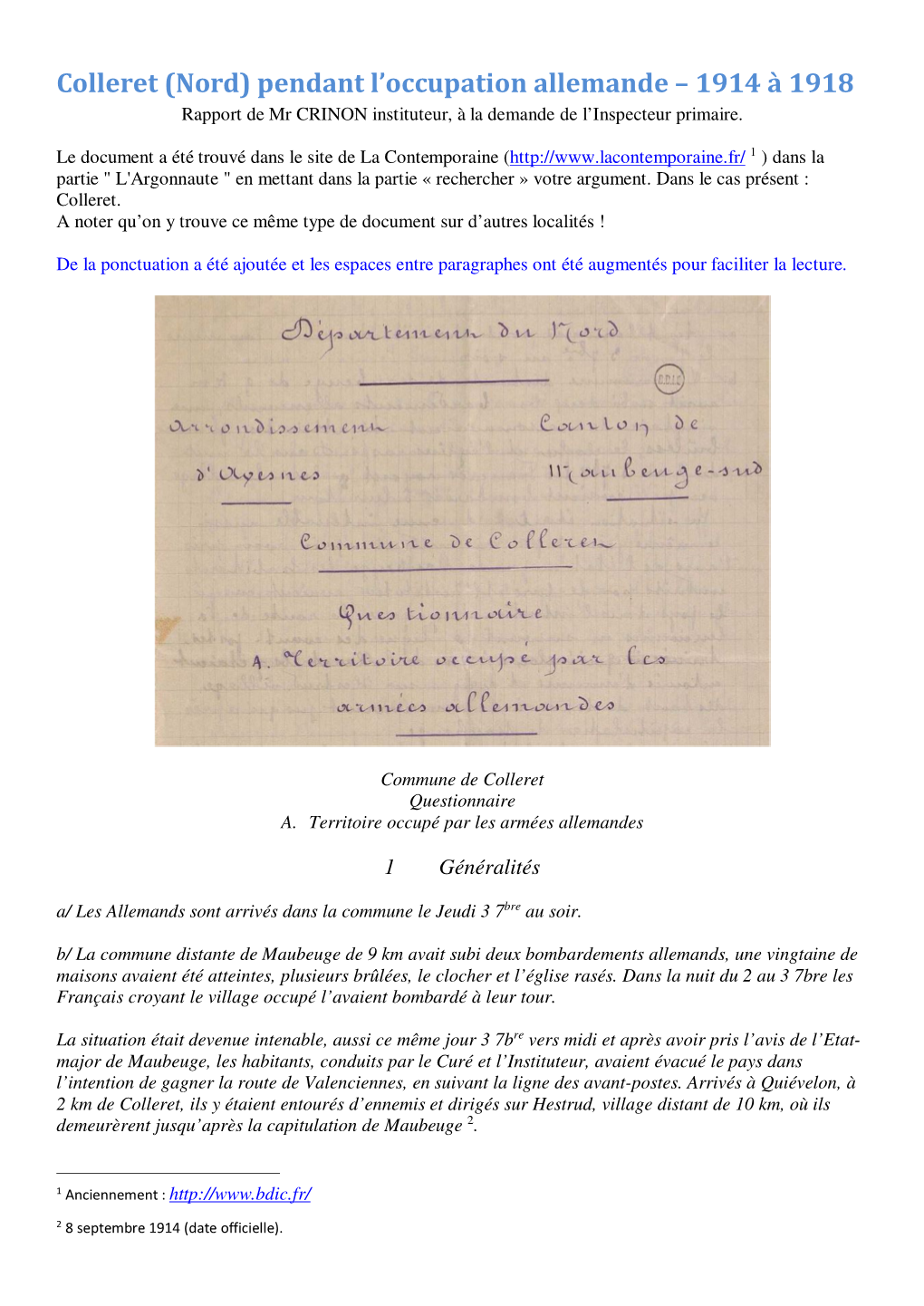 Colleret (Nord) Pendant L’Occupation Allemande – 1914 À 1918 Rapport De Mr CRINON Instituteur, À La Demande De L’Inspecteur Primaire