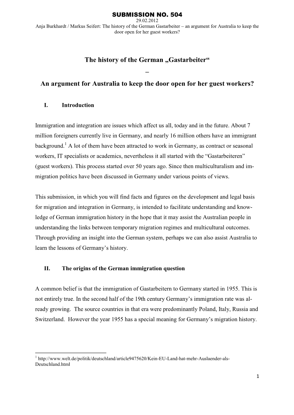 The History of the German „Gastarbeiter“ – an Argument for Australia to Keep the Door Open for Her Guest Workers?