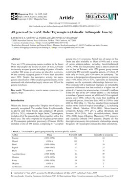 All Genera of the World: Order Thysanoptera (Animalia: Arthropoda: Insecta)