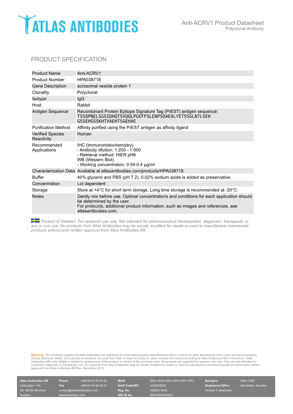PRODUCT SPECIFICATION Anti-ACRV1 Product Datasheet