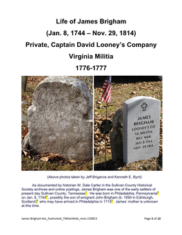 Life of James Brigham (Jan. 8, 1744 – Nov. 29, 1814) Private, Captain David Looney's Company Virginia Militia 1776-1777