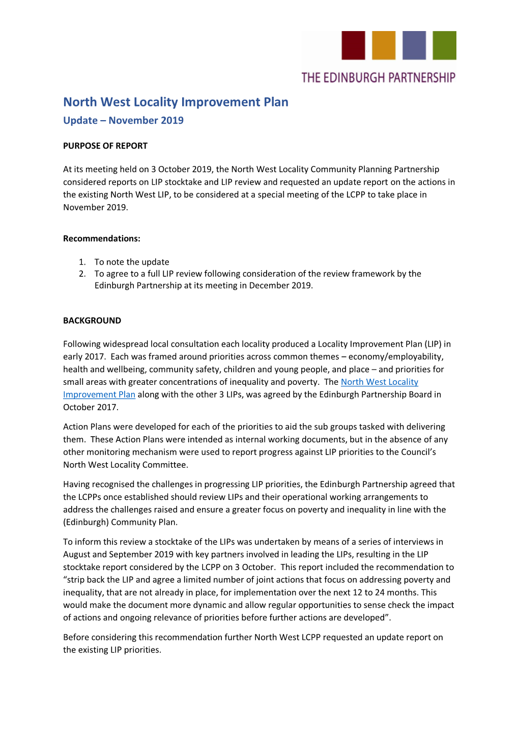 North West Locality Improvement Plan Update – November 2019