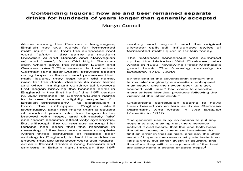 Contending Liquors: How Ale and Beer Remained Separate Drinks for Hundreds of Years Longer Than Generally Accepted