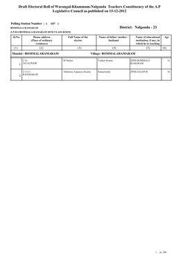 Draft Electoral Roll of Warangal-Khammam-Nalgonda Teachers Constituency of the A.P Legislative Council As Published on 15-12-2012