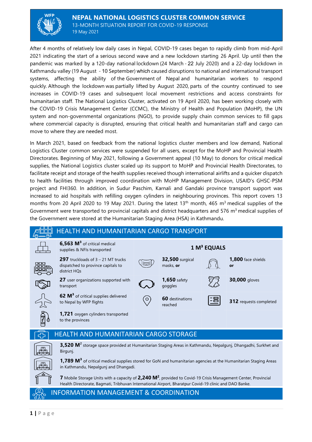 Health and Humanitarian Cargo Transport Health and Humanitarian Cargo Storage Information Management & Coordination