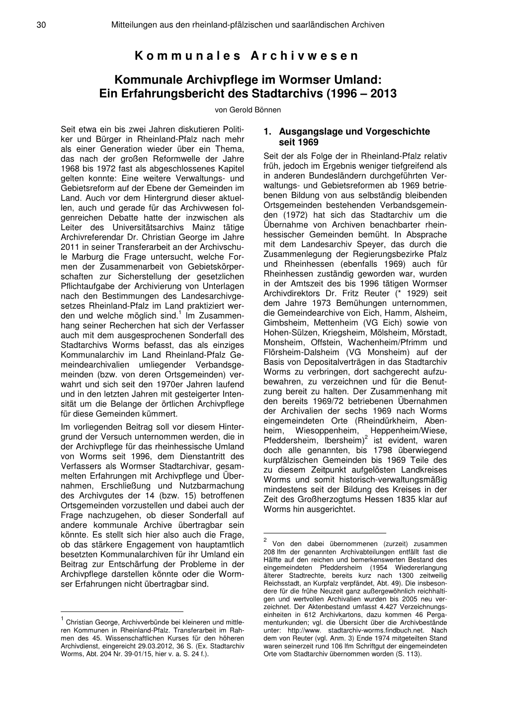 Ein Erfahrungsbericht Des Stadtarchivs (1996 – 2013 Von Gerold Bönnen