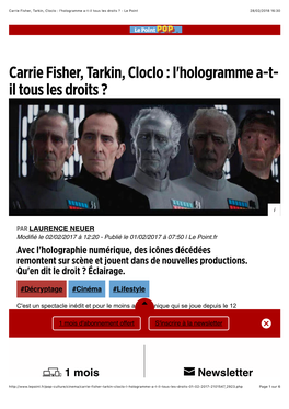 Carrie Fisher, Tarkin, Cloclo : L'hologramme A-T-Il Tous Les Droits ? - Le Point 28/02/2018 16�30