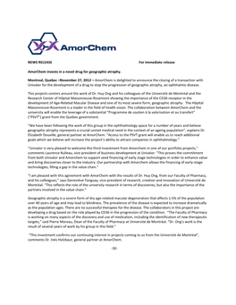 NEWS RELEASE for Immediate Release Amorchem Invests in A