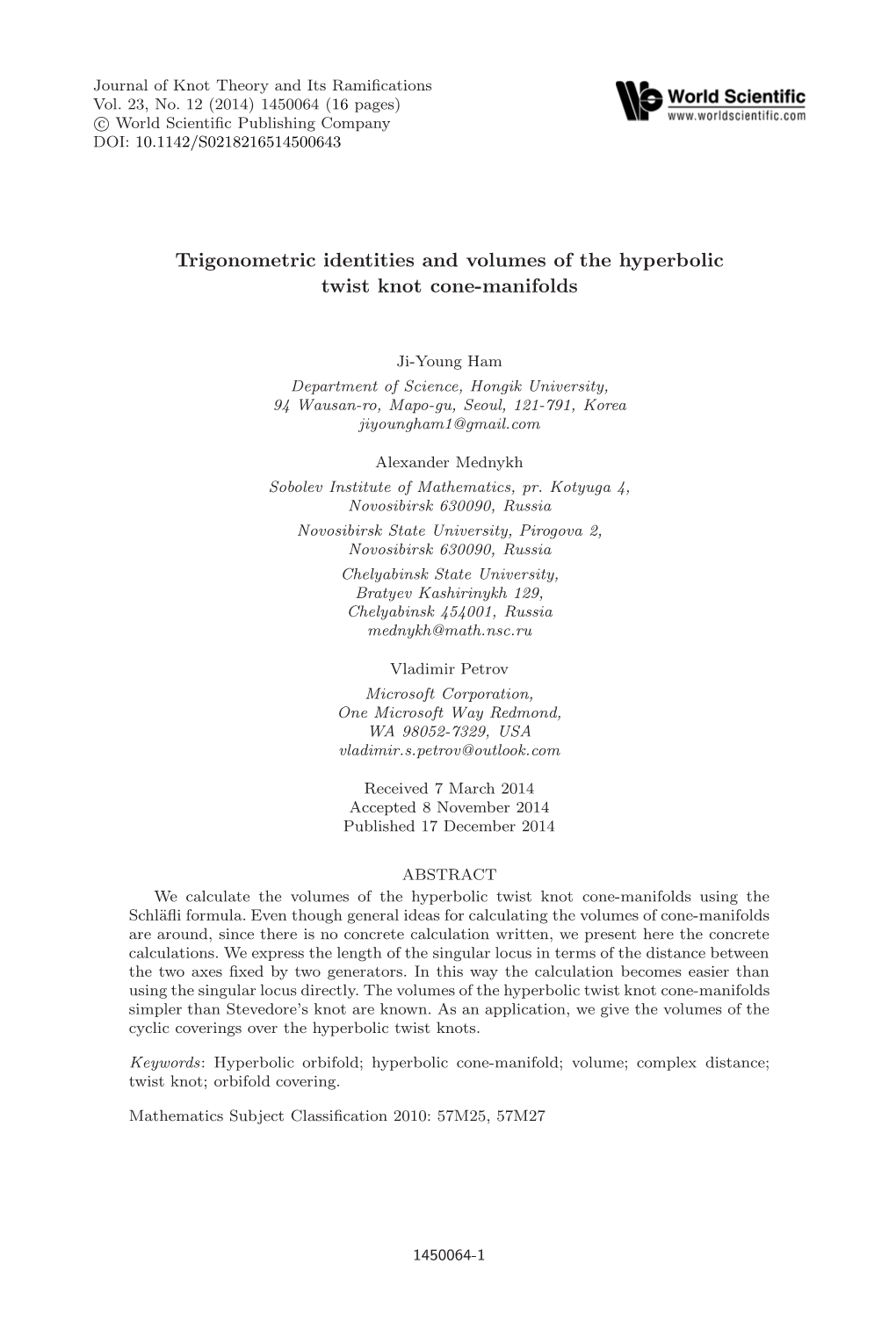 Trigonometric Identities and Volumes of the Hyperbolic Twist Knot Cone-Manifolds