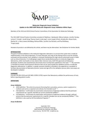 Molecular Diagnostic Assay Validation Update to the 2009 AMP Molecular Diagnostic Assay Validation White Paper