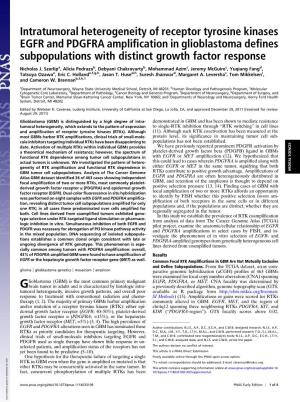 Intratumoral Heterogeneity of Receptor Tyrosine Kinases EGFR and PDGFRA Ampliﬁcation in Glioblastoma Deﬁnes Subpopulations with Distinct Growth Factor Response