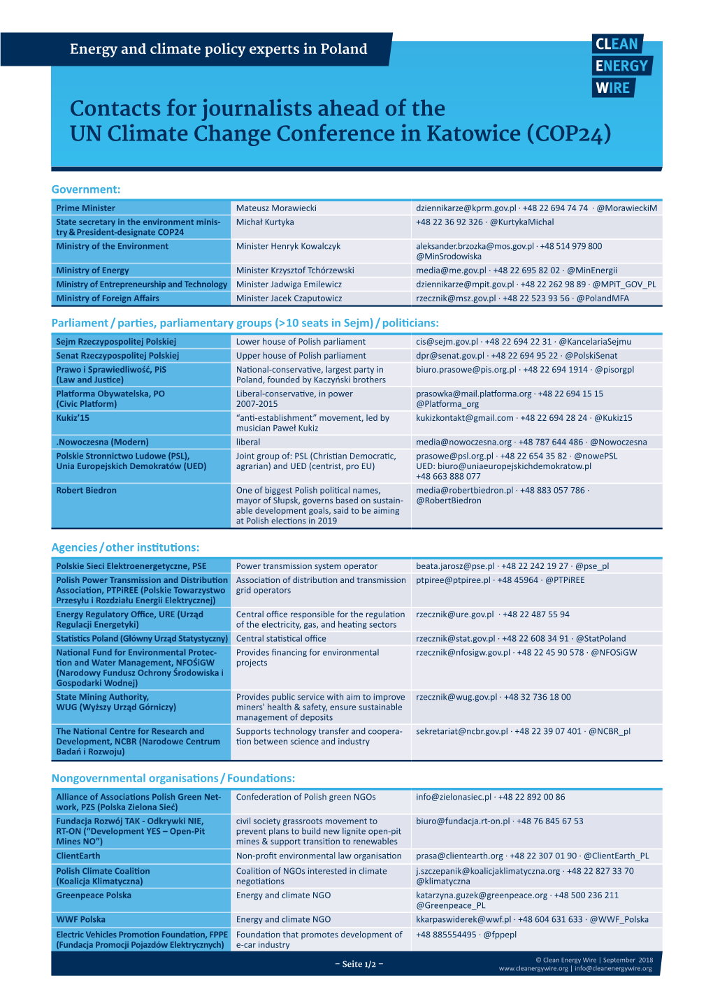 Contacts for Journalists Ahead of the UN Climate Change Conference in Katowice (COP24)