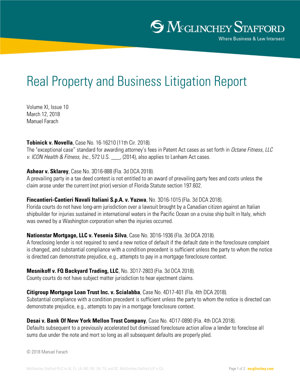 Real Property and Business Litigation Report