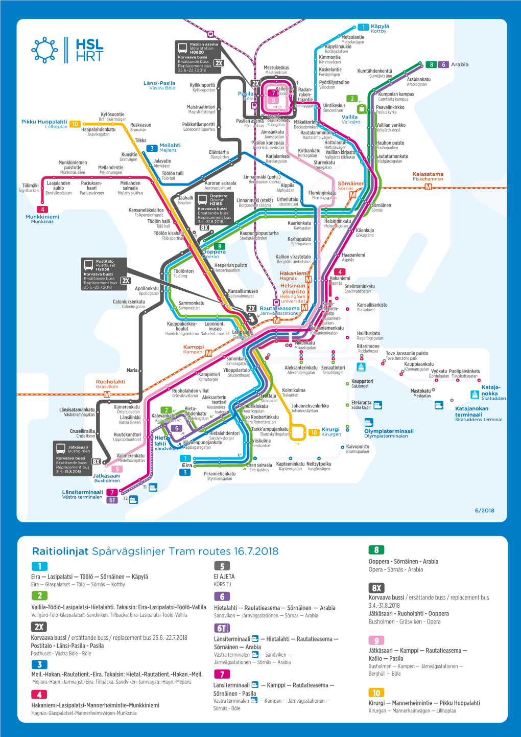 Raitiolinjat Spårvägslinjer Tram Routes 16.7.2018