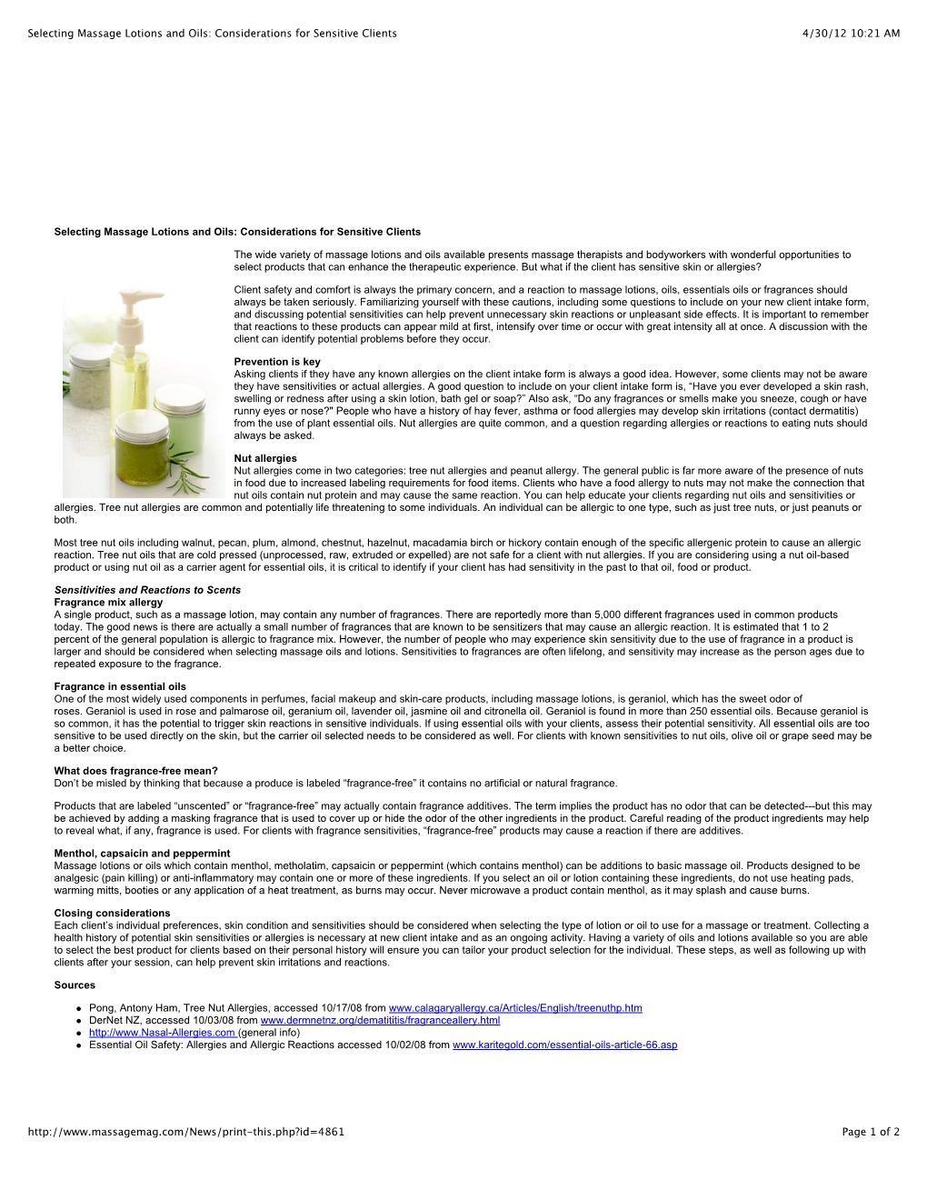 4/30/12 10:21 AM Selecting Massage Lotions and Oils: Considerations For