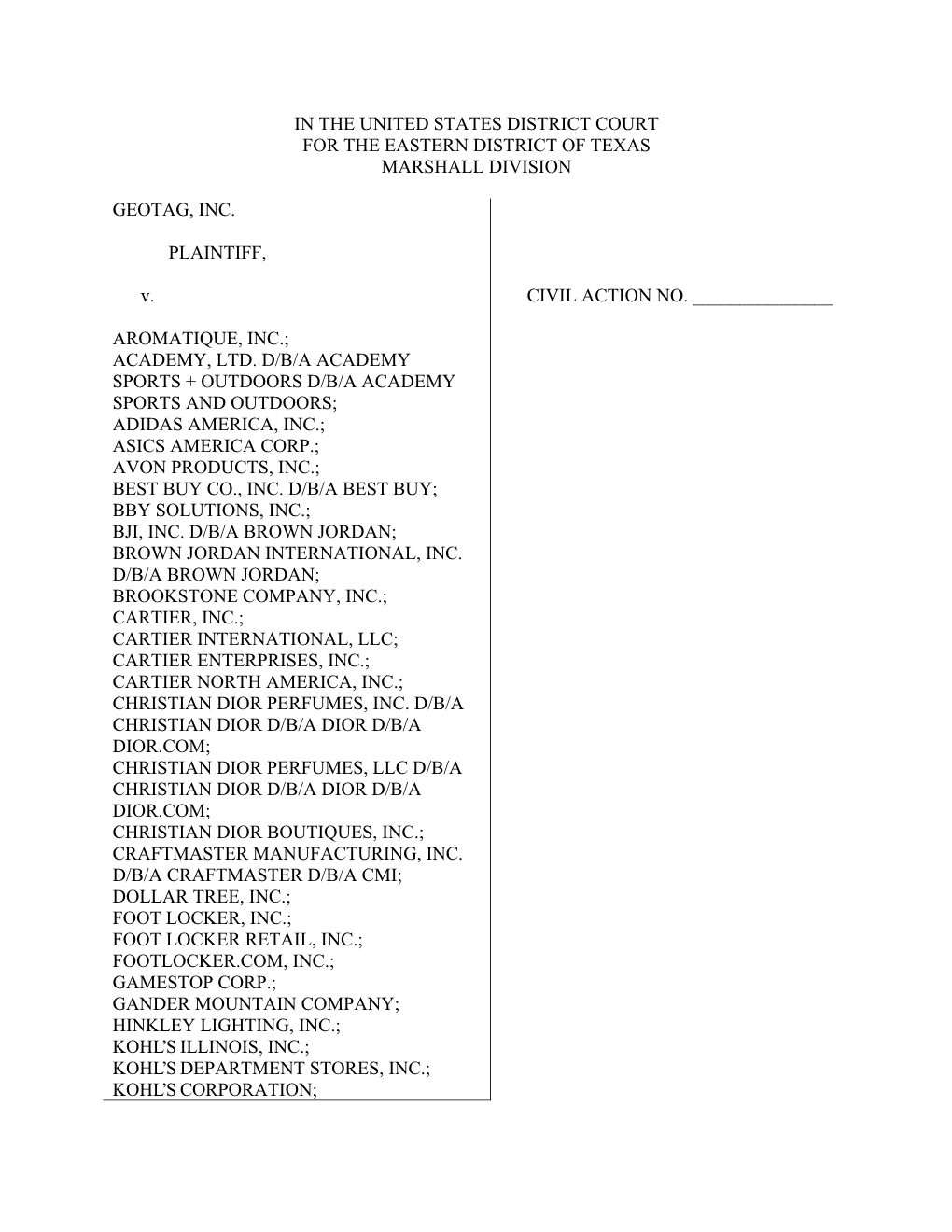 In the United States District Court for the Eastern District of Texas Marshall Division