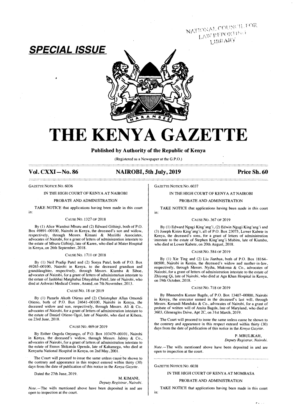 THE KENYA GAZETTE Published by Authority of the Republic of Kenya