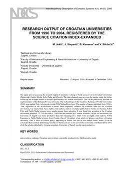 Research Output of Croatian Universities from 1996 to 2004, Registered by the Science Citation Index-Expanded