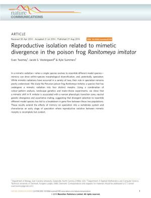 Reproductive Isolation Related to Mimetic Divergence in the Poison Frog Ranitomeya Imitator