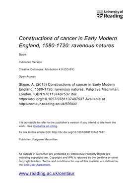 Constructions of Cancer in Early Modern England, 1580-1720: Ravenous Natures