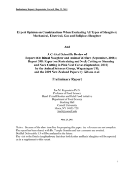 Preliminary Report: Regenstein, Cornell, May 23, 2011