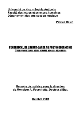 Penderecki, De L'avant-Garde Au Post-Modernisme É Tude Sur Certaines De Ses Œuvres Vocales Religieuses