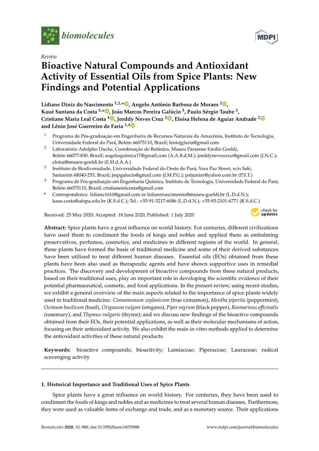 Bioactive Natural Compounds and Antioxidant Activity of Essential Oils from Spice Plants: New Findings and Potential Applications