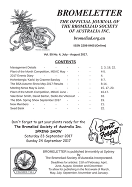 Bromeletter the Official Journal of the Bromeliad Society of Australia Inc