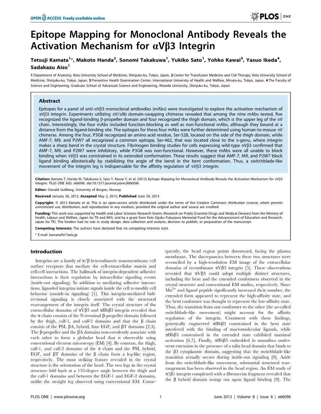 Epitope Mapping for Monoclonal Antibody Reveals the Activation Mechanism for Avb3 Integrin